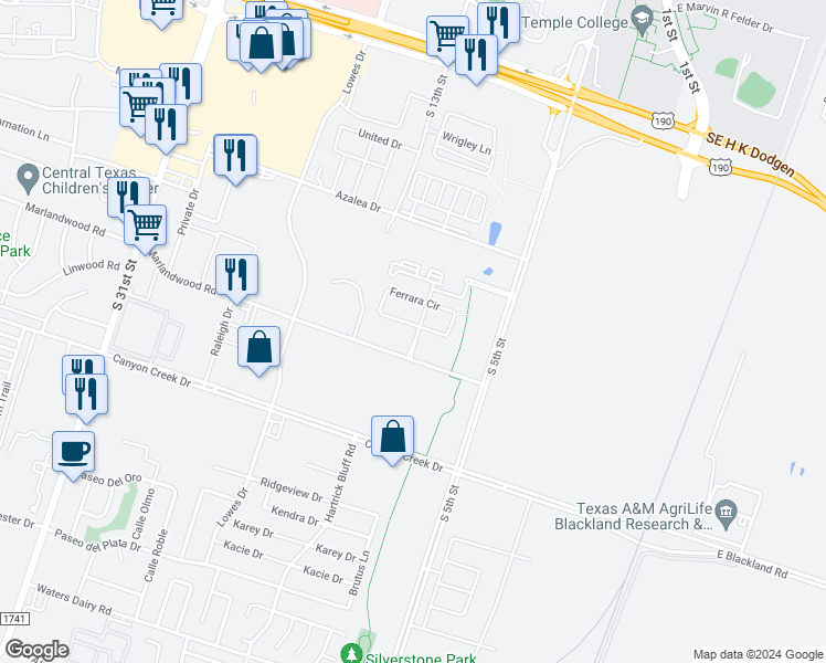 map of restaurants, bars, coffee shops, grocery stores, and more near 603 Ferrara Circle in Temple