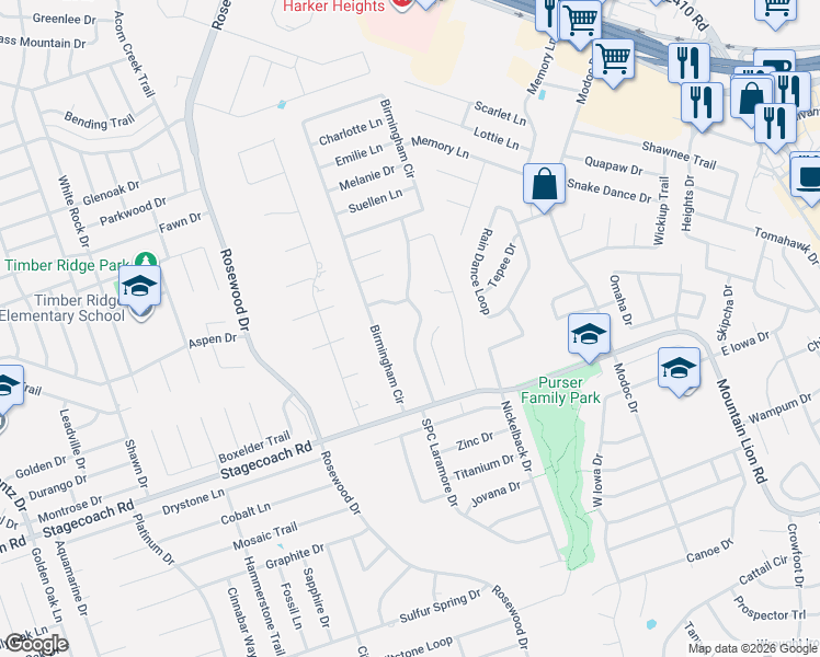 map of restaurants, bars, coffee shops, grocery stores, and more near 4912 Birmingham Circle in Killeen