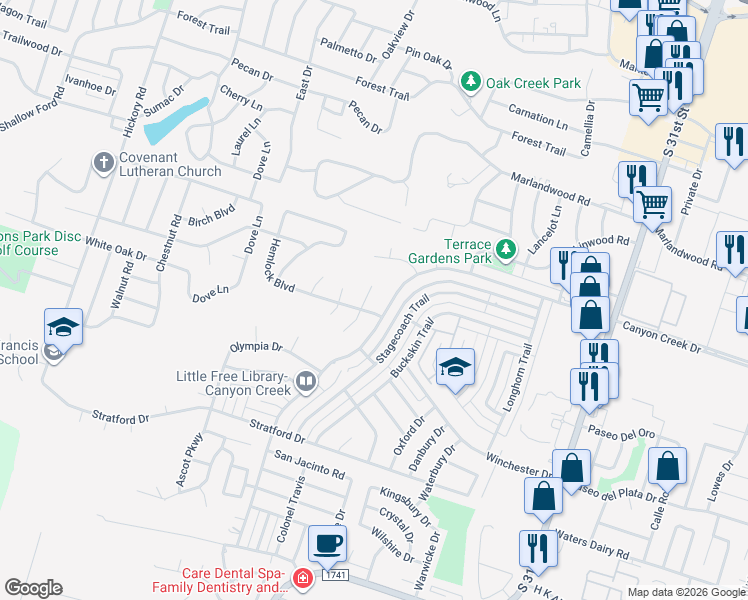 map of restaurants, bars, coffee shops, grocery stores, and more near 4303 Stonehill Court in Temple