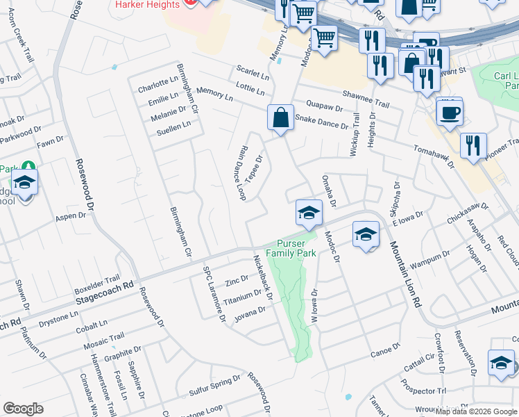 map of restaurants, bars, coffee shops, grocery stores, and more near 3004 Sun Dance Drive in Harker Heights