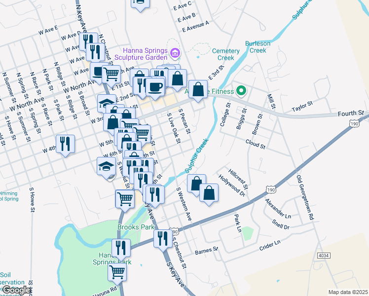 map of restaurants, bars, coffee shops, grocery stores, and more near 803 South Live Oak Street in Lampasas
