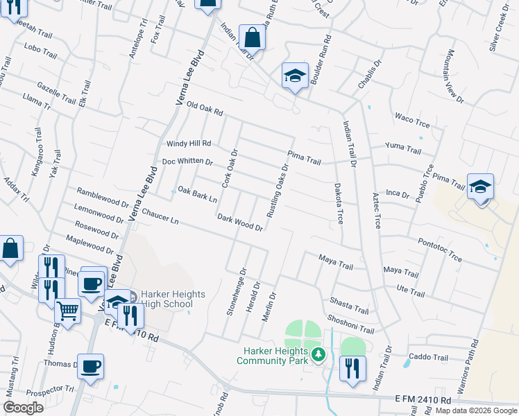 map of restaurants, bars, coffee shops, grocery stores, and more near 2032 Rustling Oaks Drive in Harker Heights