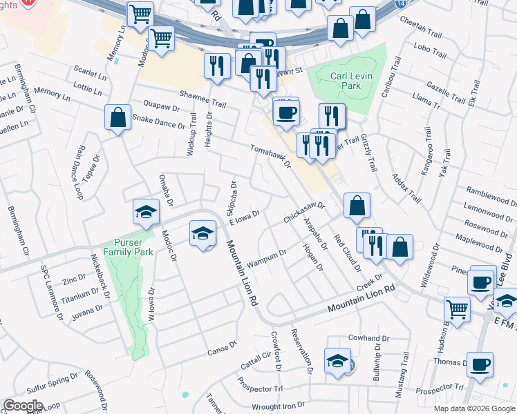 map of restaurants, bars, coffee shops, grocery stores, and more near 2306 Iowa Drive in Harker Heights