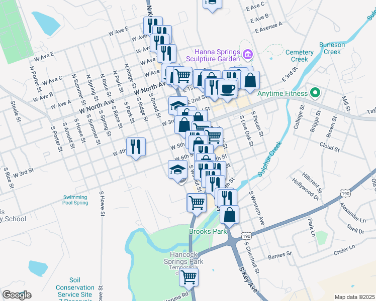 map of restaurants, bars, coffee shops, grocery stores, and more near 605 South Walnut Street in Lampasas