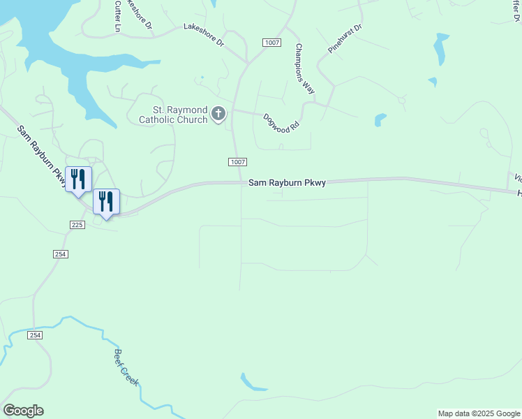 map of restaurants, bars, coffee shops, grocery stores, and more near 129 Neches Drive in Brookeland