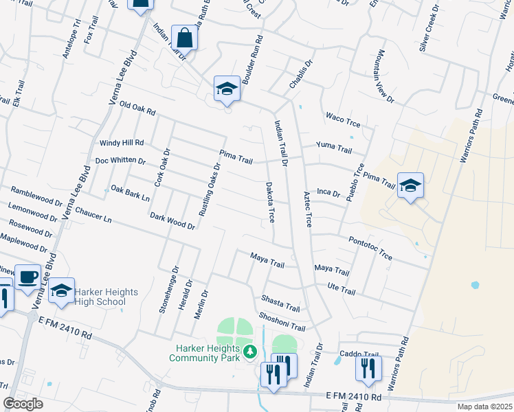 map of restaurants, bars, coffee shops, grocery stores, and more near 1702 Dakota Trce in Harker Heights