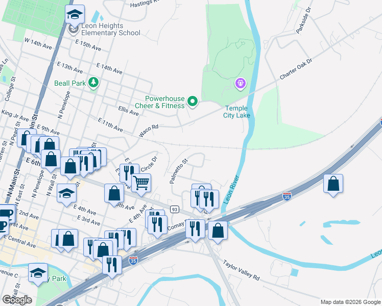 map of restaurants, bars, coffee shops, grocery stores, and more near 1010 Palmetto Street in Belton