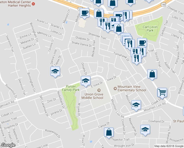 map of restaurants, bars, coffee shops, grocery stores, and more near 2320 Pontiac Drive in Harker Heights