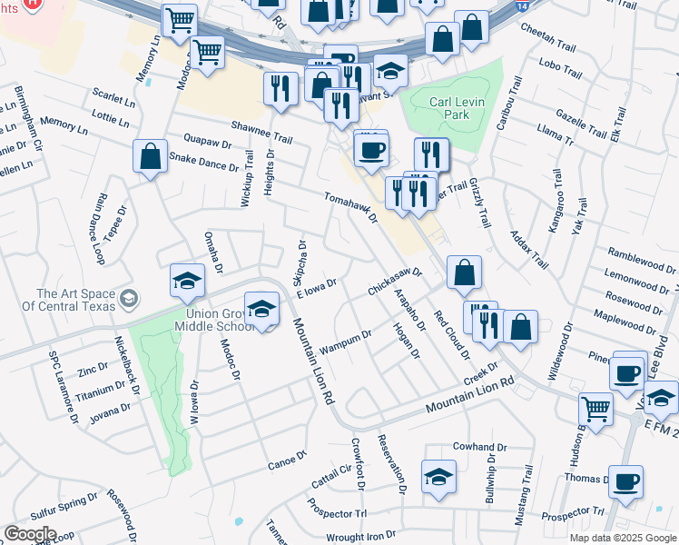 map of restaurants, bars, coffee shops, grocery stores, and more near 2304 East Iowa Drive in Harker Heights