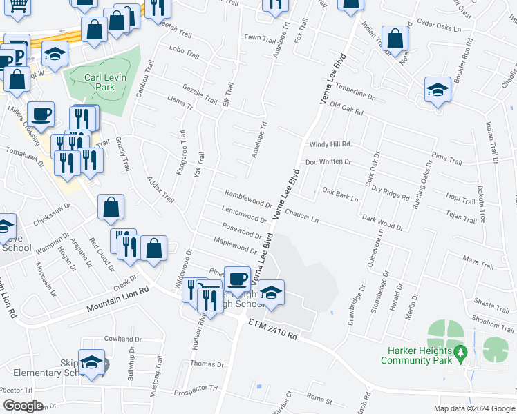 map of restaurants, bars, coffee shops, grocery stores, and more near 933 Lemonwood in Harker Heights