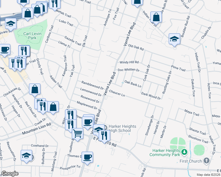 map of restaurants, bars, coffee shops, grocery stores, and more near 1002 Chaucer Lane in Harker Heights