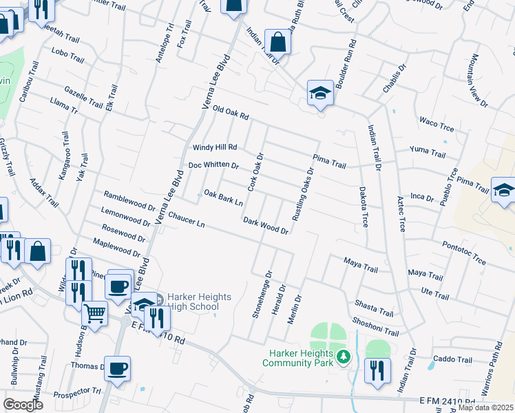 map of restaurants, bars, coffee shops, grocery stores, and more near 2035 Chinquapin Lane in Harker Heights