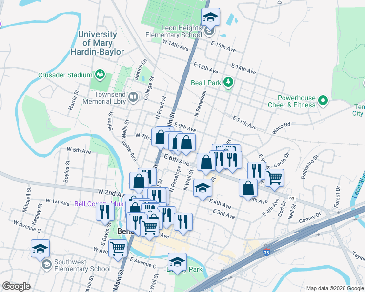map of restaurants, bars, coffee shops, grocery stores, and more near 702 North Penelope Street in Belton
