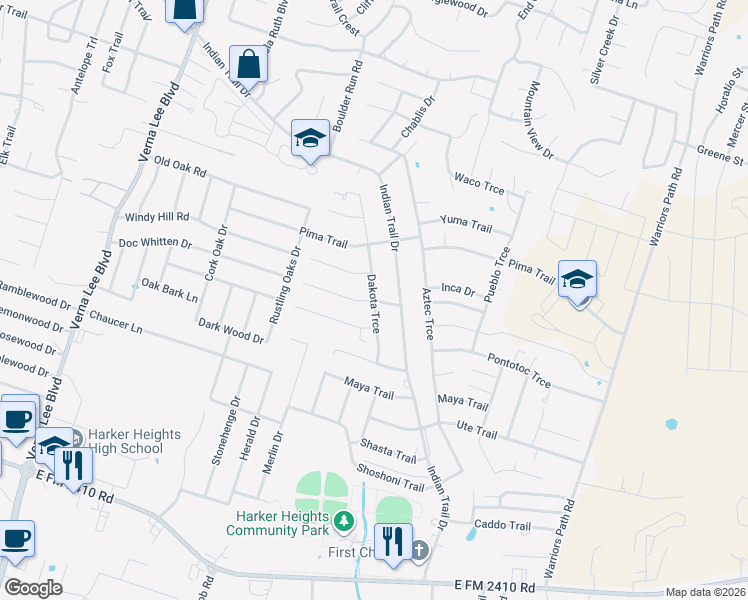 map of restaurants, bars, coffee shops, grocery stores, and more near 1702 Dakota Trce in Harker Heights