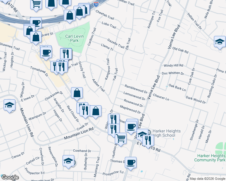 map of restaurants, bars, coffee shops, grocery stores, and more near 2300 Wildewood Drive in Harker Heights