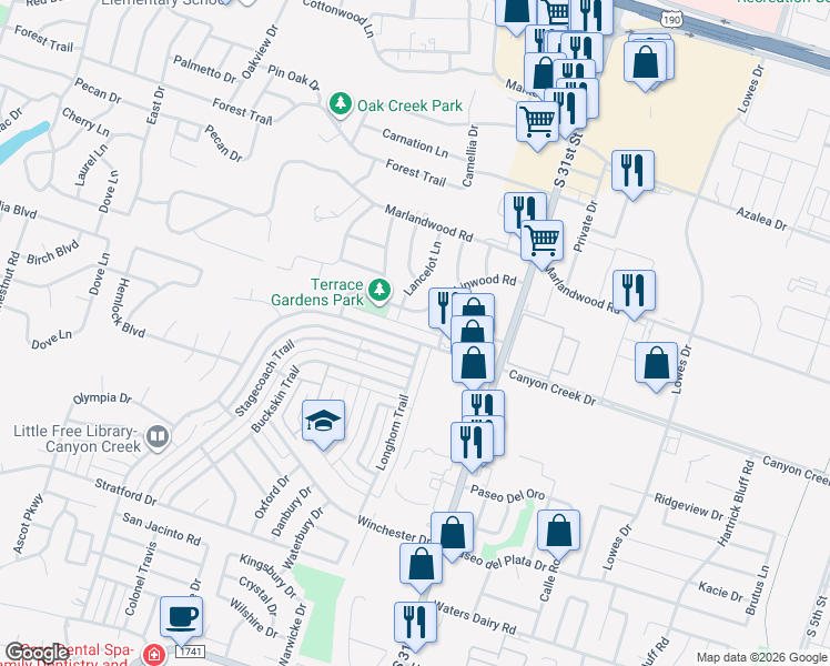 map of restaurants, bars, coffee shops, grocery stores, and more near 1805 Canyon Creek Drive in Temple
