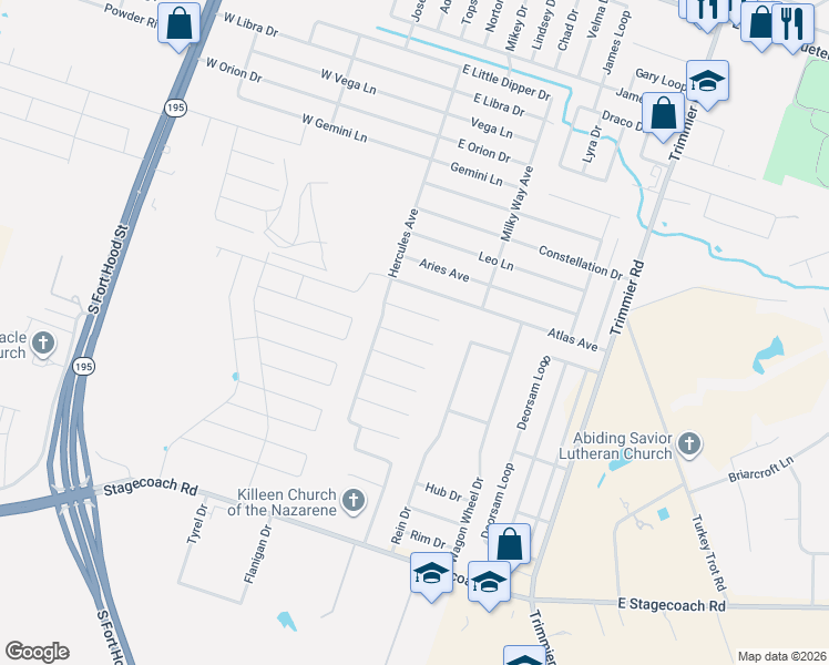 map of restaurants, bars, coffee shops, grocery stores, and more near 906 Earp Drive in Killeen