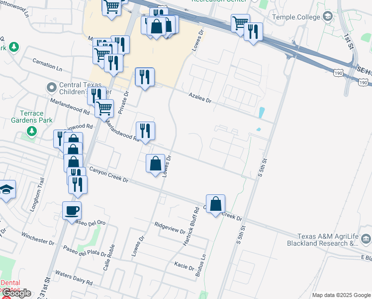 map of restaurants, bars, coffee shops, grocery stores, and more near 990 Marlandwood Road in Temple