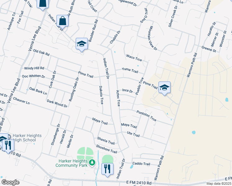 map of restaurants, bars, coffee shops, grocery stores, and more near 1703 Aztec Trce in Harker Heights