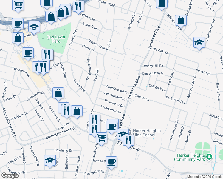 map of restaurants, bars, coffee shops, grocery stores, and more near 918 Lemonwood in Harker Heights