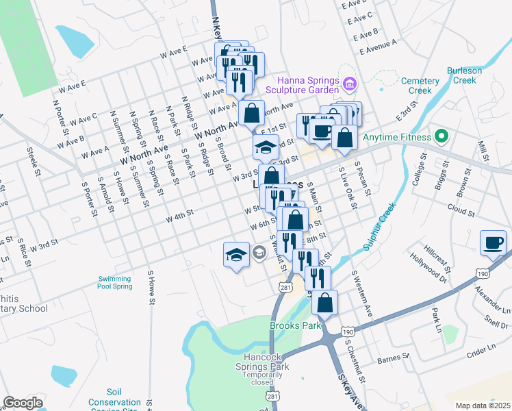 map of restaurants, bars, coffee shops, grocery stores, and more near 605 South Walnut Street in Lampasas
