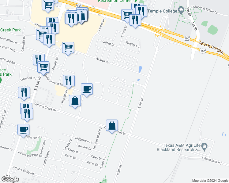 map of restaurants, bars, coffee shops, grocery stores, and more near 1111 Ferrara Circle in Temple