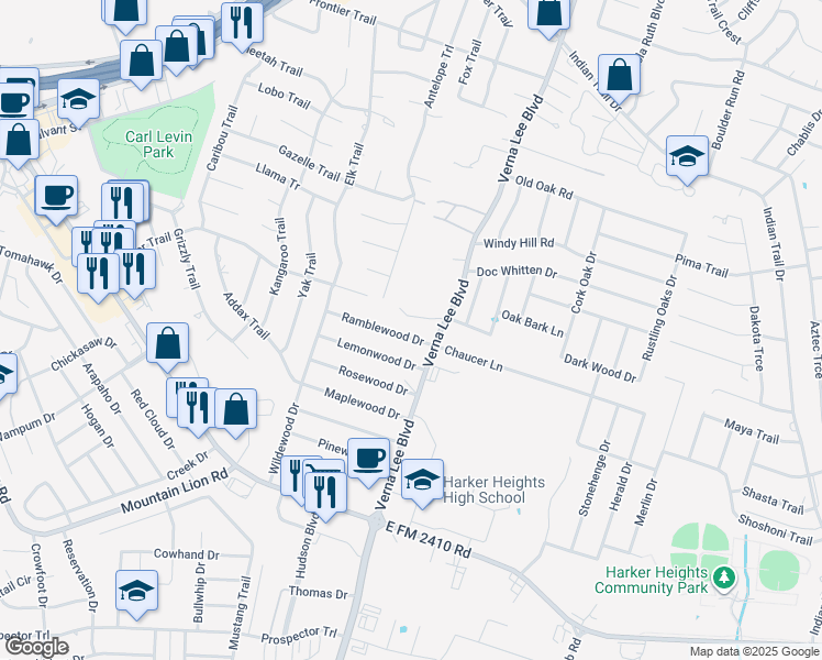 map of restaurants, bars, coffee shops, grocery stores, and more near 933 Ramblewood Street in Harker Heights