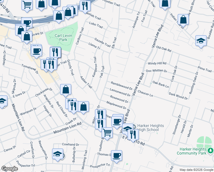 map of restaurants, bars, coffee shops, grocery stores, and more near 902 Lemonwood in Harker Heights