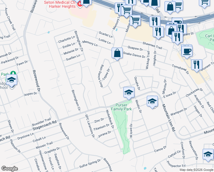 map of restaurants, bars, coffee shops, grocery stores, and more near 3004 Sun Dance Drive in Harker Heights