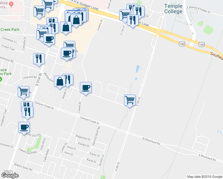 map of restaurants, bars, coffee shops, grocery stores, and more near 603 Ferrara Circle in Temple
