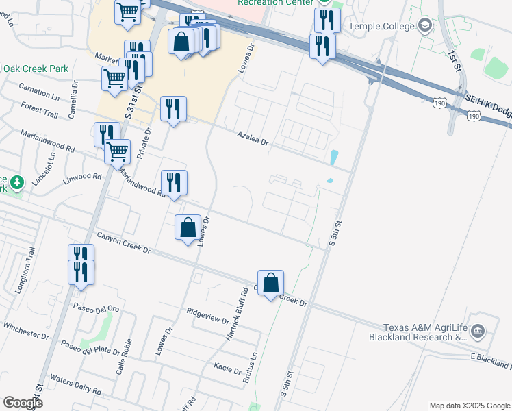 map of restaurants, bars, coffee shops, grocery stores, and more near 631 Ferrara Circle in Temple