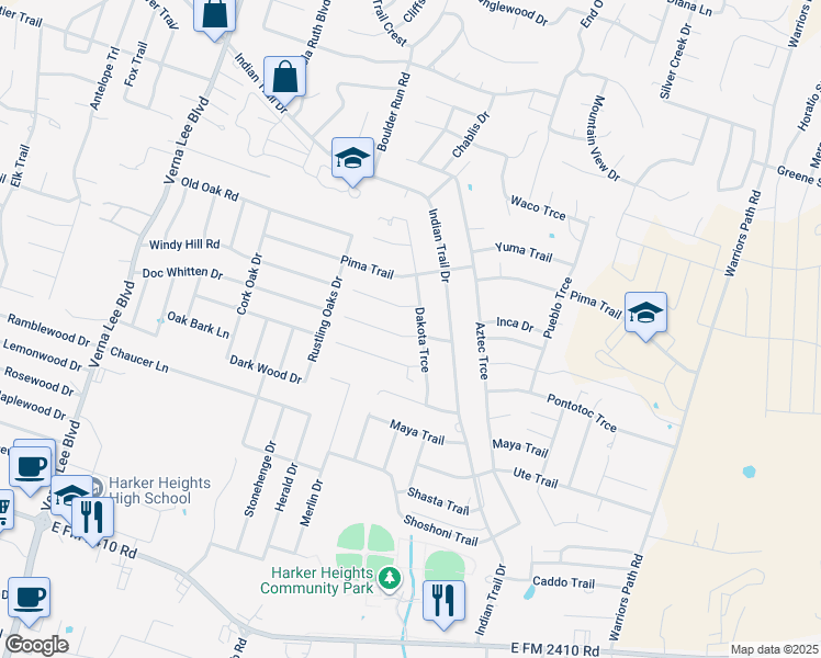map of restaurants, bars, coffee shops, grocery stores, and more near 1702 Dakota Trce in Harker Heights