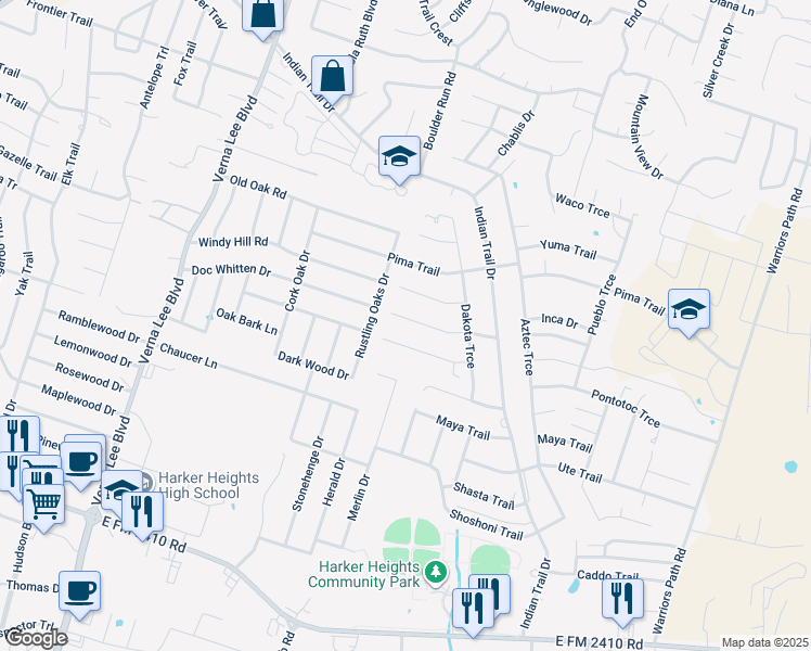 map of restaurants, bars, coffee shops, grocery stores, and more near 1415 Tejas Trail in Harker Heights