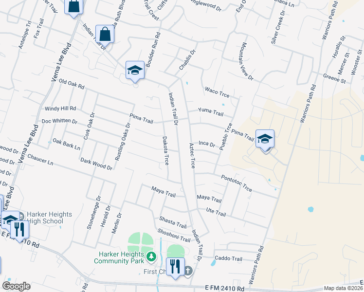 map of restaurants, bars, coffee shops, grocery stores, and more near 1703B Indian Trail in Harker Heights