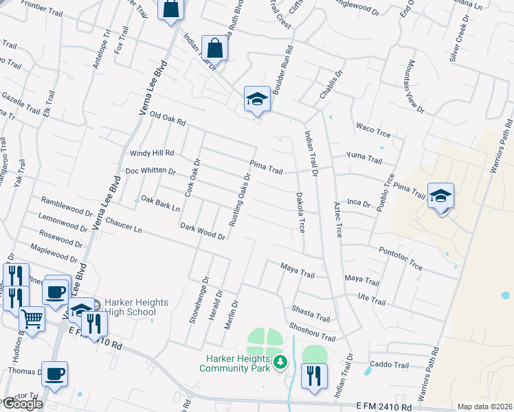 map of restaurants, bars, coffee shops, grocery stores, and more near 1404 Tejas Trail in Harker Heights