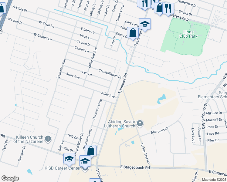 map of restaurants, bars, coffee shops, grocery stores, and more near 5807 Luminous Lane in Killeen