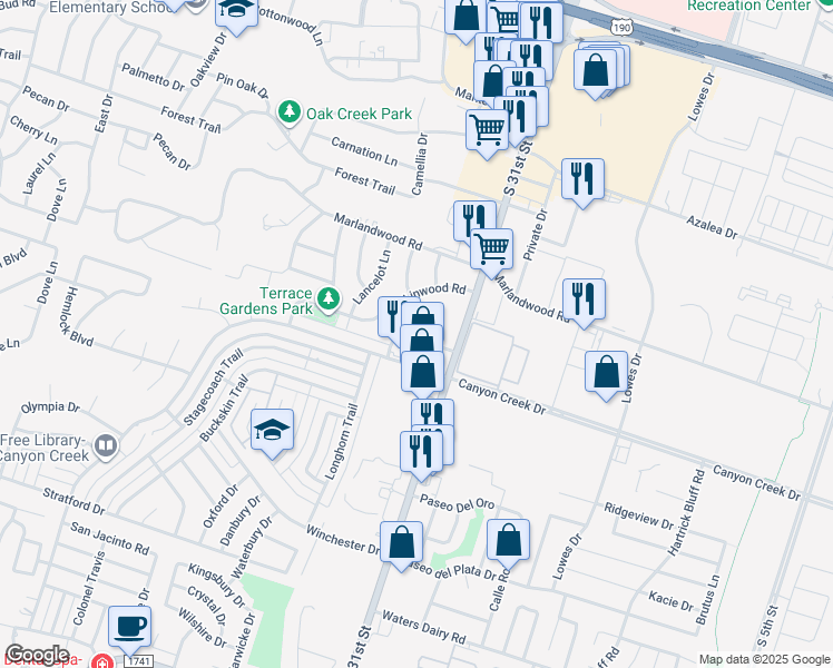 map of restaurants, bars, coffee shops, grocery stores, and more near 3922 Mariam Road in Temple