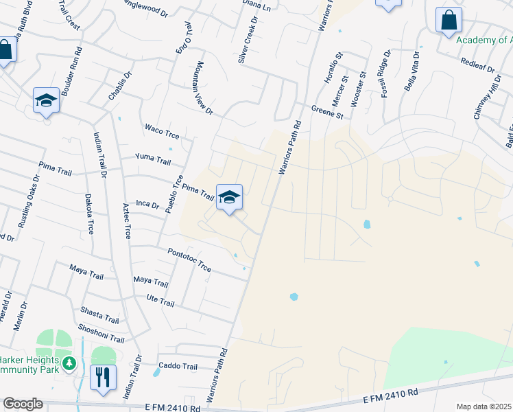 map of restaurants, bars, coffee shops, grocery stores, and more near 1600 Warriors Path Road in Harker Heights