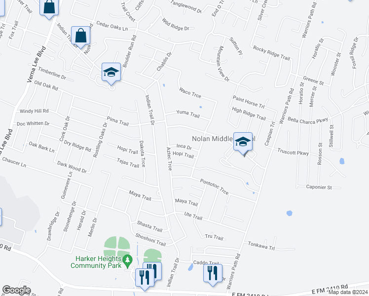 map of restaurants, bars, coffee shops, grocery stores, and more near 1615 Inca Drive in Harker Heights