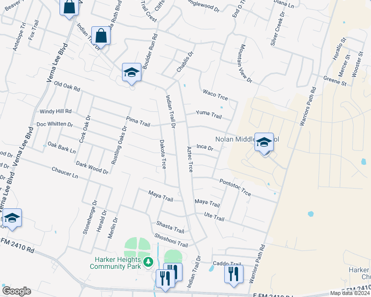 map of restaurants, bars, coffee shops, grocery stores, and more near 1613 Indian Trail in Harker Heights