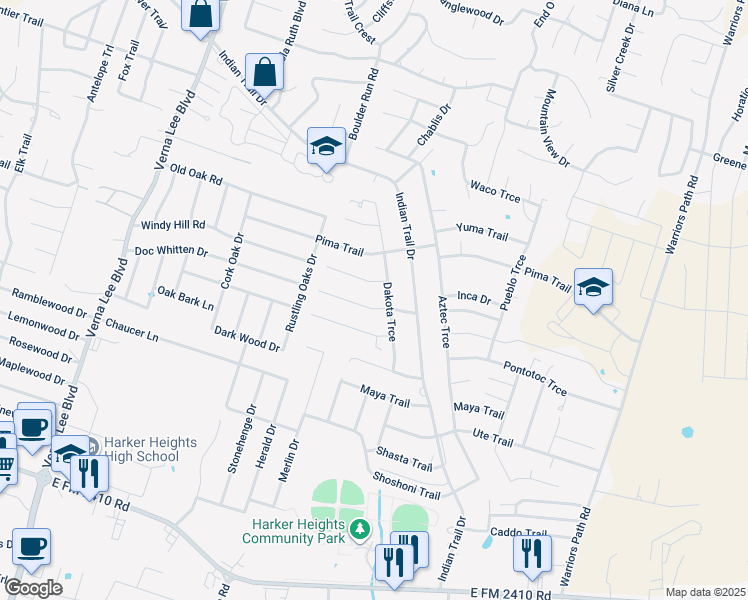 map of restaurants, bars, coffee shops, grocery stores, and more near 1423 Natchez Trail in Harker Heights