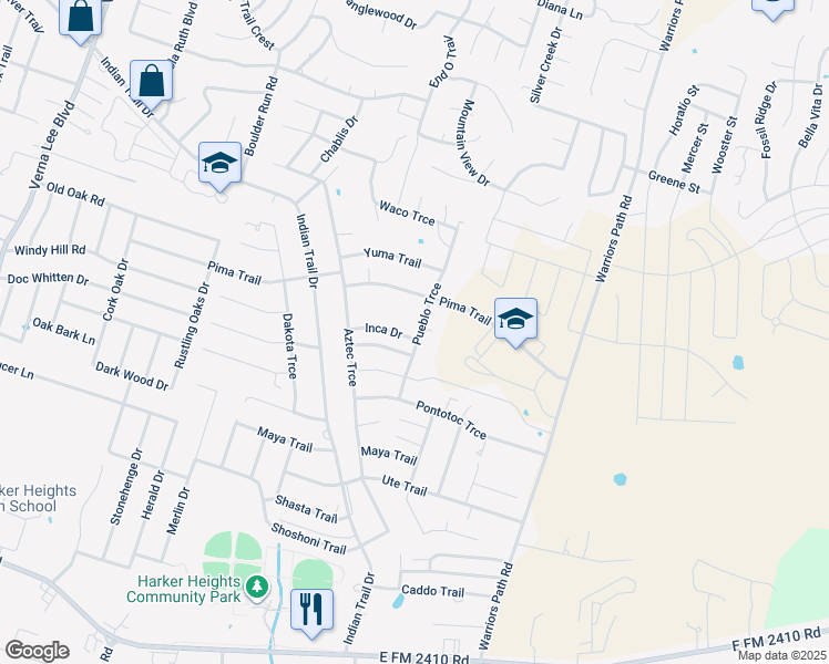 map of restaurants, bars, coffee shops, grocery stores, and more near 1621 Inca Drive in Harker Heights