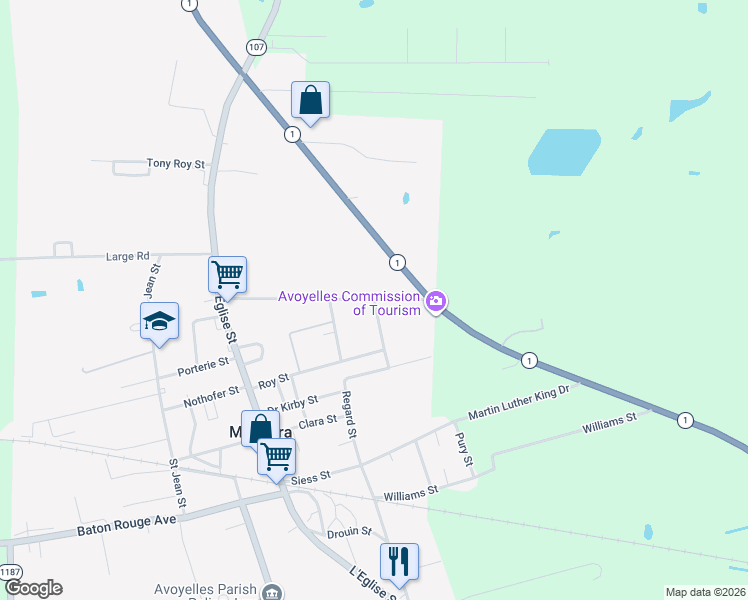 map of restaurants, bars, coffee shops, grocery stores, and more near 1901 Prevot Street in Mansura