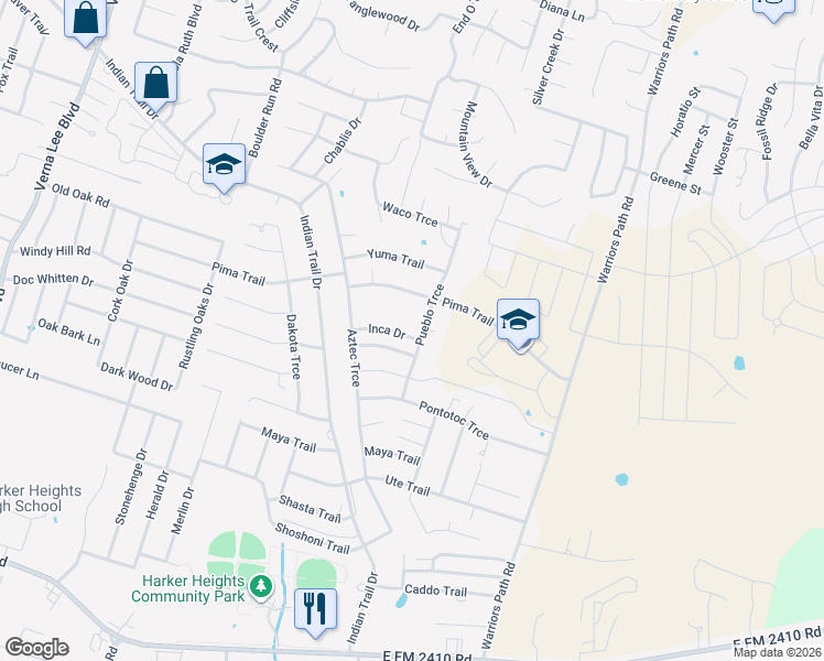 map of restaurants, bars, coffee shops, grocery stores, and more near 1619 Inca Drive in Harker Heights