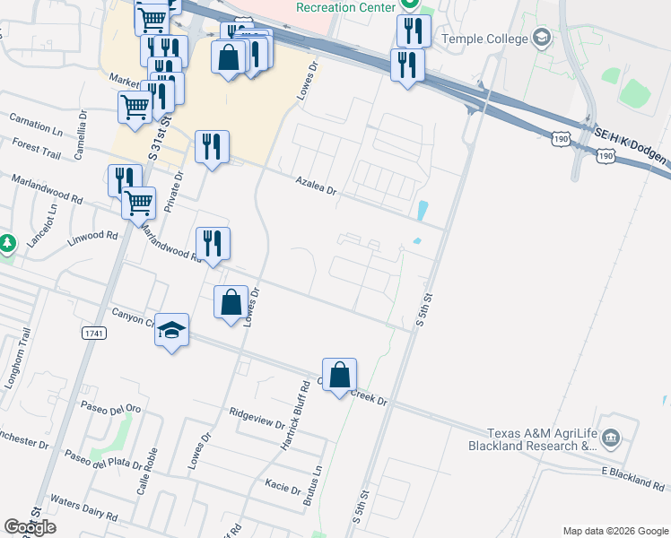 map of restaurants, bars, coffee shops, grocery stores, and more near 717 Ferrara Circle in Temple