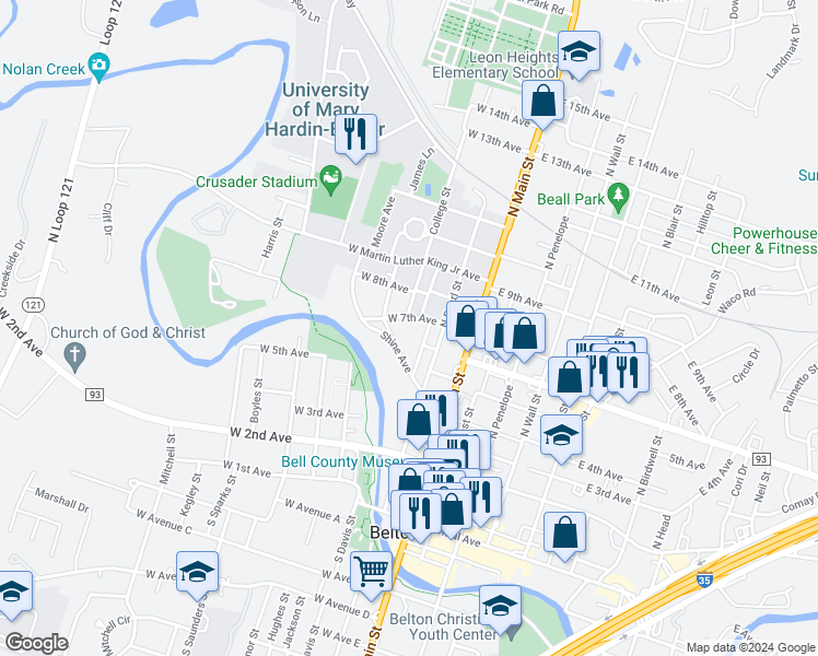 map of restaurants, bars, coffee shops, grocery stores, and more near 311 East 7th Avenue in Belton