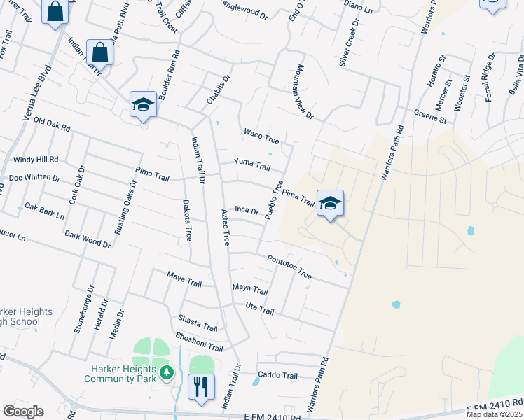 map of restaurants, bars, coffee shops, grocery stores, and more near 1615 Inca Drive in Harker Heights