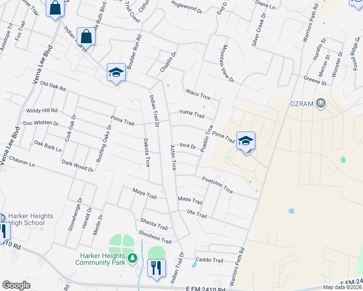 map of restaurants, bars, coffee shops, grocery stores, and more near 1604 Inca Drive in Harker Heights
