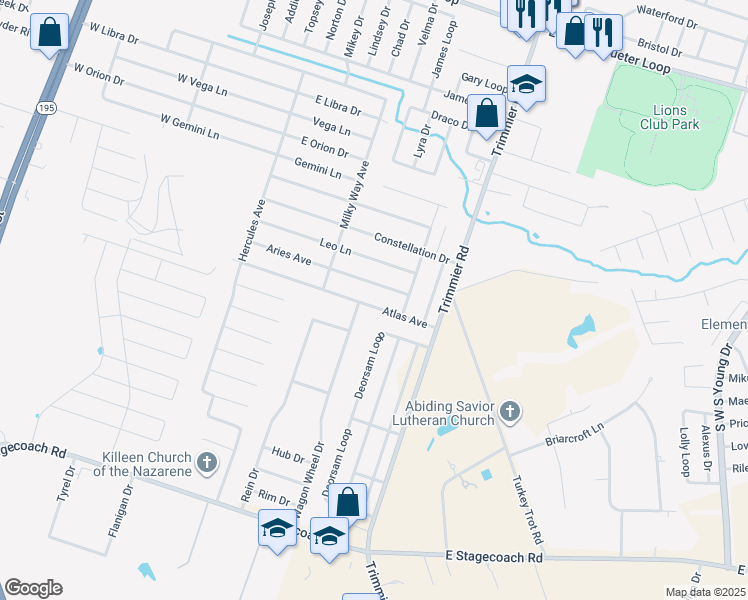 map of restaurants, bars, coffee shops, grocery stores, and more near 700 Aries Avenue in Killeen