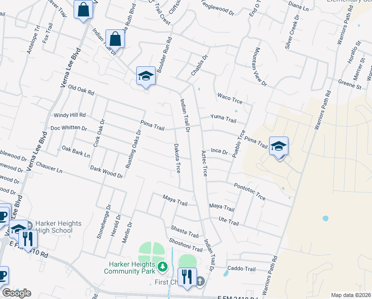 map of restaurants, bars, coffee shops, grocery stores, and more near 1613 Indian Trail in Harker Heights